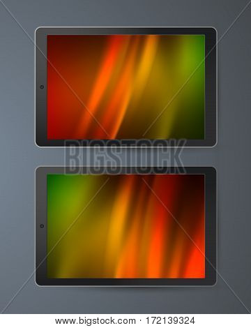 Realistic Monitor Tablets and Smartphone with Wallpaper Screen Isolated On gray Background. Can Use for Template Presentation. Gadgets Device Set Mock Up. Vector Illustration EPS 10
