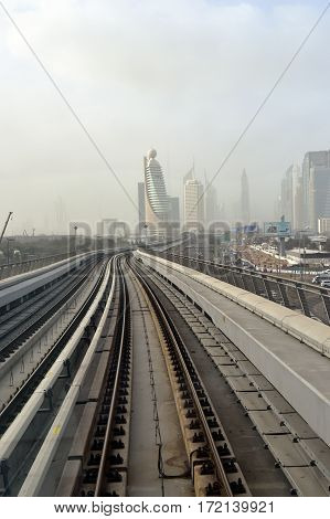 Dubai, United Arab Emirates - February 19, 2017, The Dubai Metro is a driverless, fully automated metro rail network in Dubai, United Arab Emirates