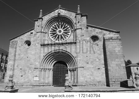 Avila (Castilla y Leon Spain): facade of the historic Santa Teresa church. Black and white