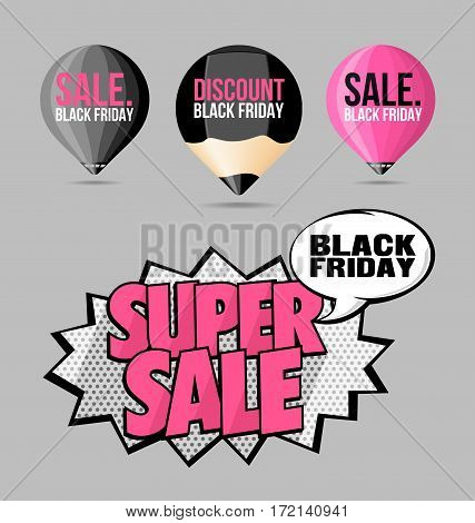 Set Black Friday Sale Stickers and Labels Fluorescent Pink