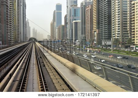 Dubai, United Arab Emirates - February 19, 2017, The Dubai Metro is a driverless, fully automated metro rail network in Dubai, United Arab Emirates