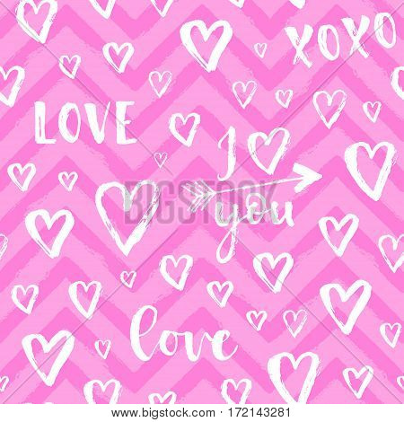 Vector Fashion Seamless Pattern With Hearts On Happy Valentines Day. Doodle Style