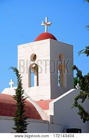 Traditional whitewashed Greek church Makrigialos Crete Greece Europe.