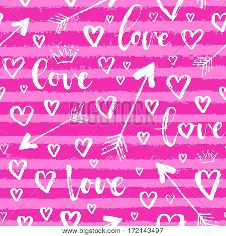 Vector Fashion Seamless Pattern With Hearts On Happy Valentines Day. Doodle Style