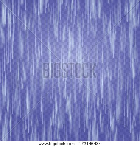 Transparent Waterfall Vector. Abstract Falling Water Texture. Nature Or Artificial Blue Water Drops Wall. Checkered Background. EPS 10