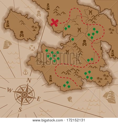 Map of unknown continent with treasure way stroke
