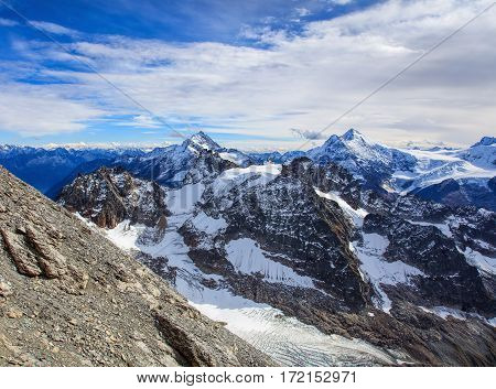 Wintertime view from Mt. Titlis. The Titlis a mountain in Switzerland, located on the border between Swiss cantons of Obwalden and Bern.