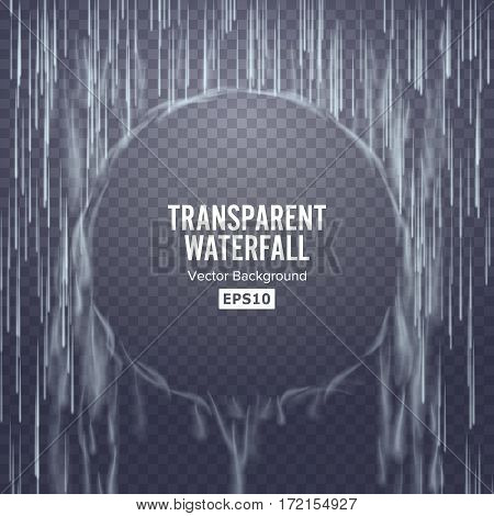 Transparent Waterfall Vector. Abstract Falling Water Texture. Nature Or Artificial Blue Water Drops Wall. Checkered Background. Illustration Blank Good For Banner, Brochure