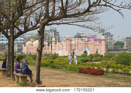 DHAKA, BANGLADESH - FEBRUARY 22, 2014: Unidentified people visit Lalbagh fort in Dhaka, Bangladesh.