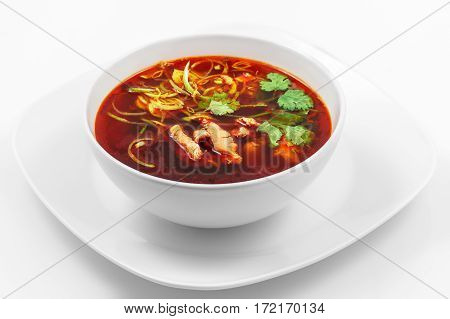 Soup, pork, egg, Chinese sauce, soy sauce, leek, white background