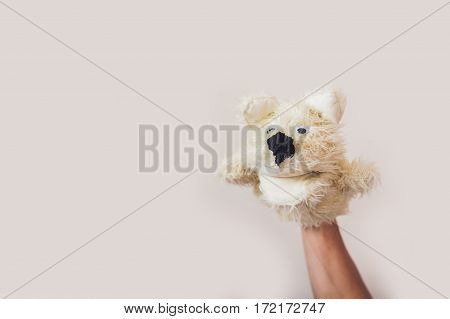 Puppet Show Dog On A Gray Background. Space For Text Or Replicas