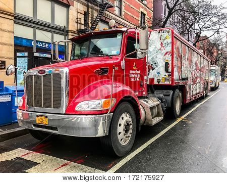 New York February 8 2017: A Budweiser beer delivery truck is parked on Columbus Avenue in Manhattan.