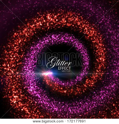Magic glowing trails of particles. Vector illustration of red spiral traces. Festive whirlpool of glitters. Stream of sparkling particles with flash and light rays. Decoration element for design.