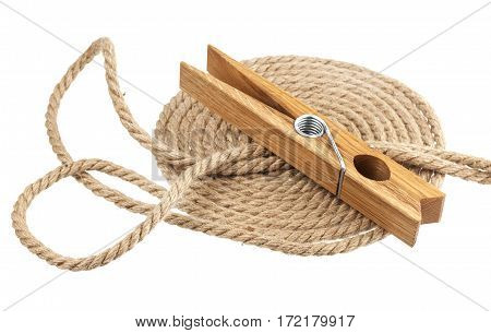 Clothespin and rope isolated on white background, with clipping path