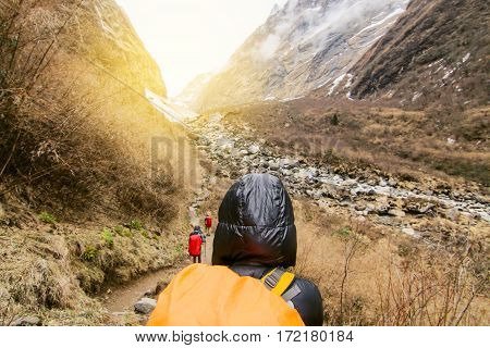Woman backpacker traveling hiking in mountains Travel Lifestyle success concept adventure active summer vacations outdoor mountaineering sport - Vintage effect style pictures.