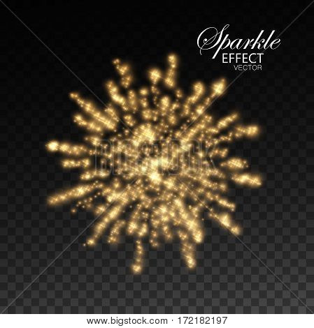 Fireworks isolated on transparent checkered background. Glowing explode of sparkling particles and stras. Sparkling star burst. Decoration holiday element for design. Festive ornament