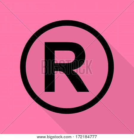 Registered Trademark sign. Black icon with flat style shadow path on pink background.