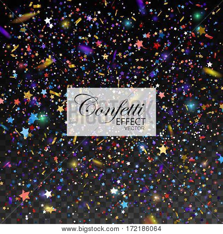 Multicolored Confetti Glitters and Stars. Vector Festive Illustration of Falling Shiny Particles. Sparkling Texture Isolated on Transparent Checkered Background. Holiday Christmas Tinsel Element for Design