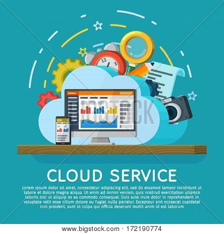 Cloud computing services banner in flat style. Networking communication and data icons. Data provision and cloud computing services. Syncing between a desktop computer and a mobile device.