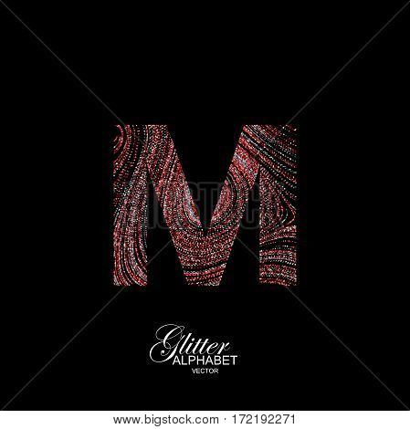 Letter M of red and silver glitters. Typographic vector element for design. Part of curly textured alphabet with shiny paillettes. Letter M with diffusion glitter swirly pattern. Vector illustration