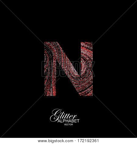 Letter N of red and silver glitters. Typographic vector element for design. Part of curly textured alphabet with shiny paillettes. Letter N with diffusion glitter swirly pattern. Vector illustration