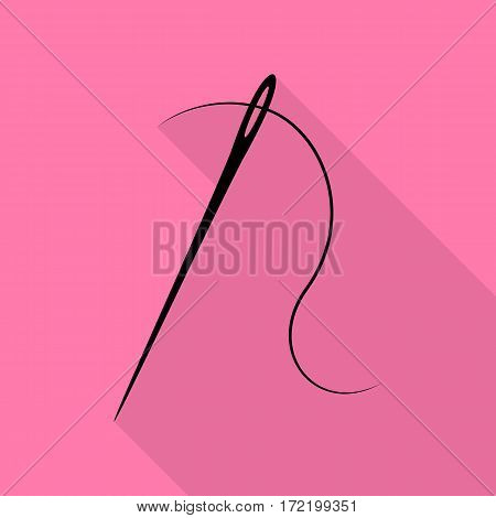 Needle with thread. Sewing needle, needle for sewing. Black icon with flat style shadow path on pink background.