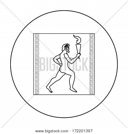 Athlete with olympic fire icon in outline style isolated on white background. Greece symbol vector illustration.