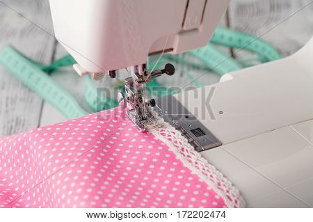 Leisure Hobby Concept, Sewing Machine At Home With Pink Polkadot