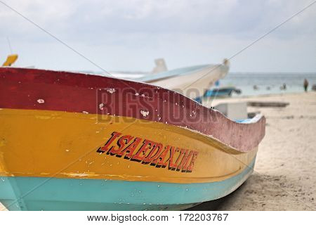 Ponga fishing boat on Isla Mujeres, Mexico.