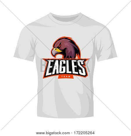 Furious eagle sport vector logo concept isolated on white t-shirt mockup. Modern web infographic professional team pictogram.
Premium quality wild bird t-shirt tee print illustration.