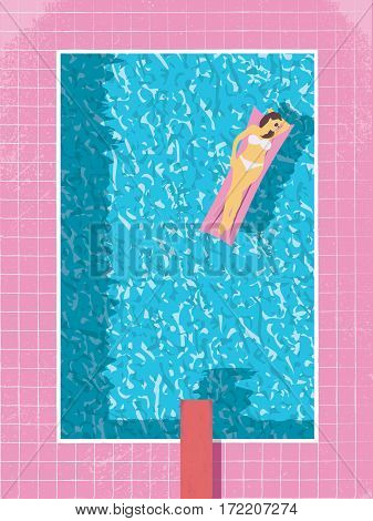 Sexy woman in bikini in swimming pool vector illustration. Modern retro 80s vintage style. Eps10 vector illustration.