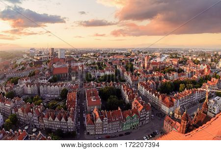 Panorama of the Gdansk old city during sunset in Poland Europe.