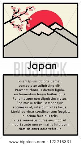 The Chinese landscape with tree at sunset. Vertical banners with mountains and red sun. Colorful Japan info poster or banner. Land of the rising sun. Vector illustration.