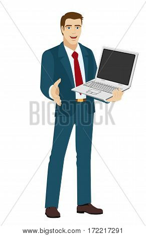 Businessman holding laptop notebook. Businessman gives a hand for a handshake. Vector illustration.