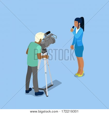 Isometric Mass Media Concept with Reporter and Video Operator. Vector illustration