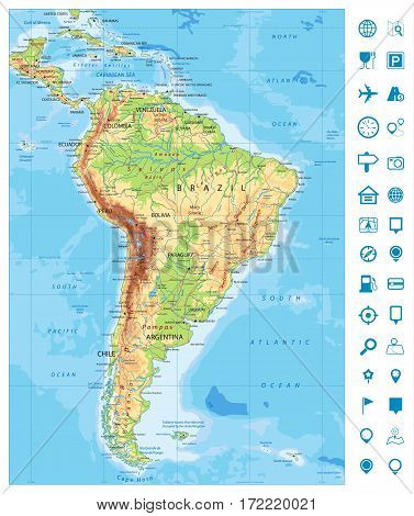 Detailed South America Physical Map and navigation icons with global relief roads lakes and rivers. Highly detailed vector map.