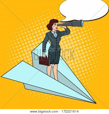 Pop Art Confident Business Woman Flying on Paper Plane with Spyglass. Vector illustration