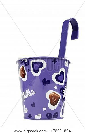PULA, CROATIA - FEBRUARY 16, 2017: Studio shot of a Milka flower pot. Milka is a traditional brand of chocolate confection manufactured by Mondelez International.