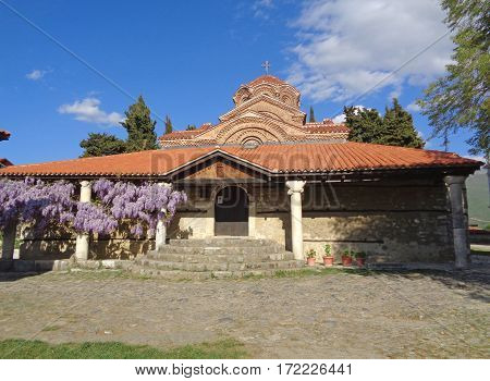Church of Sveta Bogorodica Perivlepta against vivid blue sky, Ohrid, Republic of Macedonia