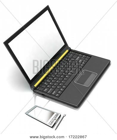 3D-Rendering des isolierten PocketPC und Laptop auf weißem Hintergrund