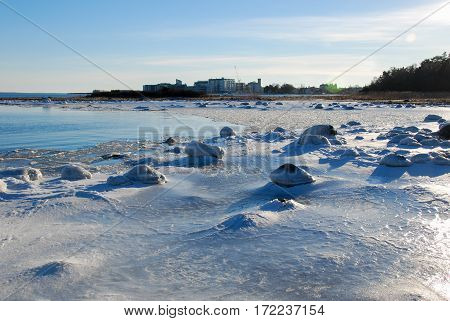 View at an icy coast of the Baltic Sea in Sweden