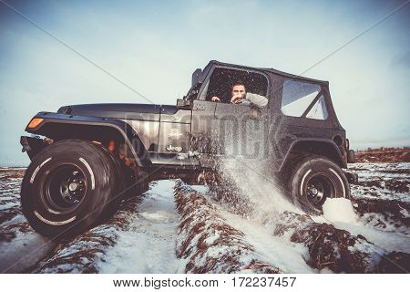 Leningrad region, Russia - February 18, 2017 Jeep Wrangler tj offroad Wrangler is a compact SUV produced by Chrysler