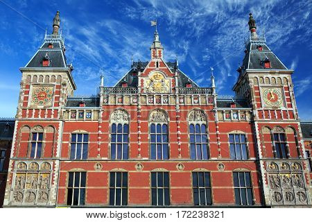 Main railway station in Amsterdam designed by Dutch architect Pierre Cuypers and first opened in 1889. The Netherlands