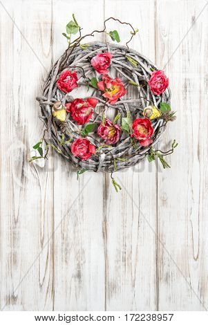 Easter wreath with tulip flowers. Vintage style holidays decoraion