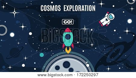 Vector flat cosmos design background with text. Cute template with Astronaut Spaceship Rocket Moon Black Hole Stars in Outer space