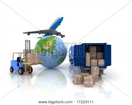 avión de pasajeros con un globo y auto cargador con cajas