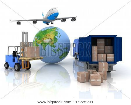 avión de pasajeros con un globo y auto cargador con cajas