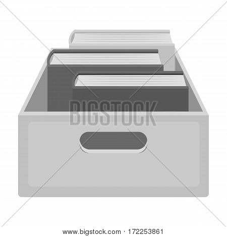 Books in box icon in monochrome design isolated on white background. Library and bookstore symbol stock vector illustration.