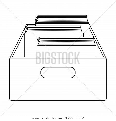 Books in box icon in outline design isolated on white background. Library and bookstore symbol stock vector illustration.