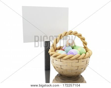 3D Easter Eggs In A Basket With Empty Blankboard